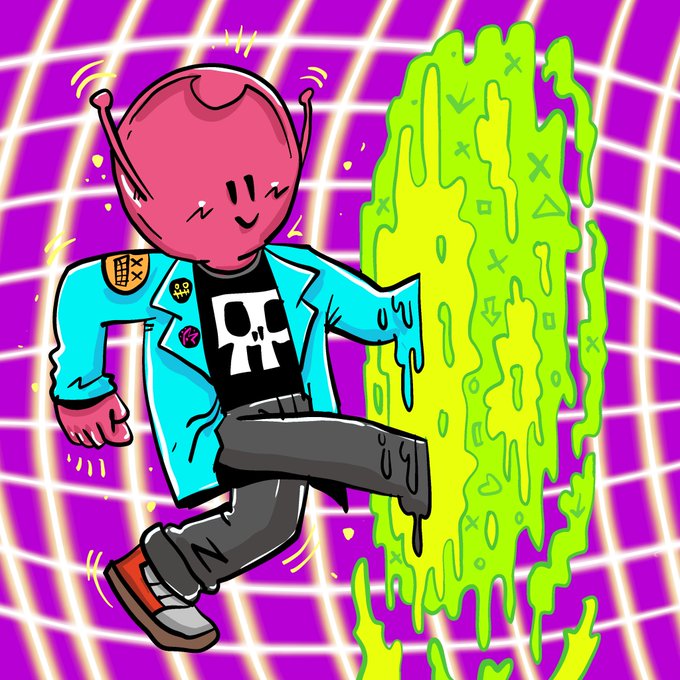 A vibrant cartoon illustration of a pink alien character wearing a blue jacket and skull-print shirt, dripping green slime against a purple grid background.