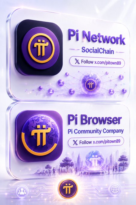 A promotional graphic showcasing two app icons—"Pi Network by SocialChain" and "Pi Browser by Pi Community Company"—both linking to "x.com/pitown89," visually illustrating the post's point about Pi Network's underlying legal structure being split between two distinct entities to support global scalability.