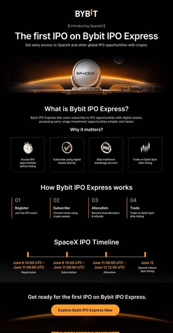 The poster features a large image of a rocket ship, which symbolizes SpaceX's involvement in space exploration and innovation. The text on the poster indicates that this information is related to an IPO by Bybit, explaining that they are launching their first IPO using SpaceX as the example.