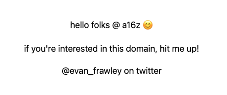 A tweet reading "hello folks @a16z 😊 if you're interested in this domain, hit me up! @evan_frawley on twitter," addressing the crypto VC firm a16z about acquiring the Uniswap.com domain, which ties into the post about how SBF originally purchased the domain for seven figures to point at a Uniswap fork before the legal team obtained it for free.