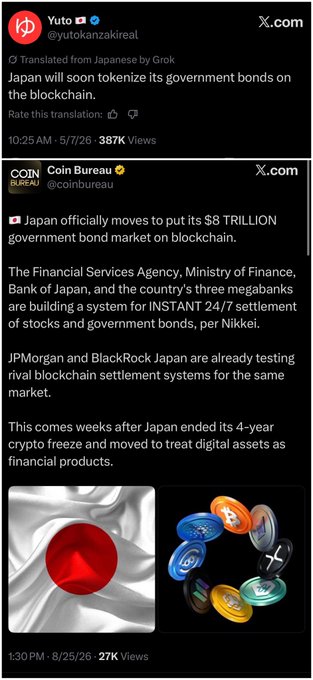 Two X posts from Yuto (@yutokanzakireal) and Coin Bureau (@coinbureau) report that Japan is officially tokenizing its $8 trillion government bond market on the blockchain, with the FSA, Ministry of Finance, Bank of Japan, and three megabanks building a 24/7 settlement system, while JPMorgan and BlackRock Japan are already testing rival settlement platforms. The image illustrates the post's hint about digital asset connections by pairing a Japanese flag with crypto coins.
