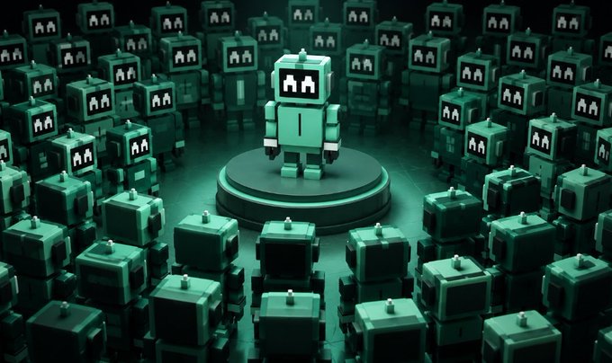 A pixelated green robot stands on a podium surrounded by a crowd of identical robots, symbolizing the "3 GTD SPOTS" giveaway winners standing above others, with no visible text or numbers in the image itself.