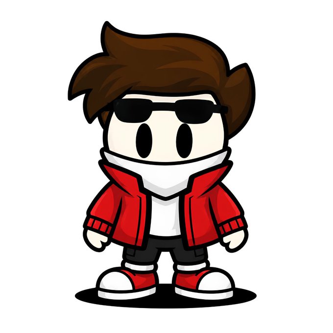 Cartoon-style character avatar of a person with brown hair, wearing black sunglasses, a red jacket over a white shirt, dark shorts, and red and white sneakers.