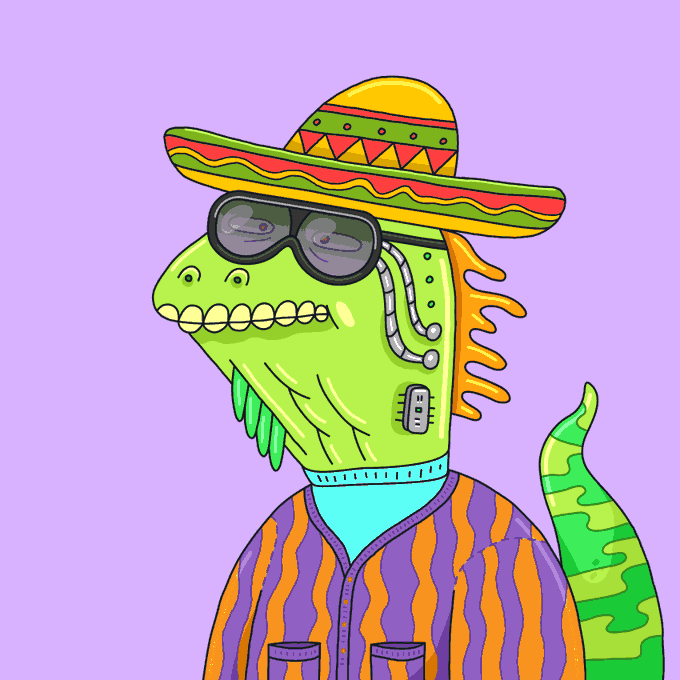 A digital illustration of a green lizard-like humanoid character wearing a colorful sombrero, sunglasses, and a striped purple and orange shirt on a purple background.