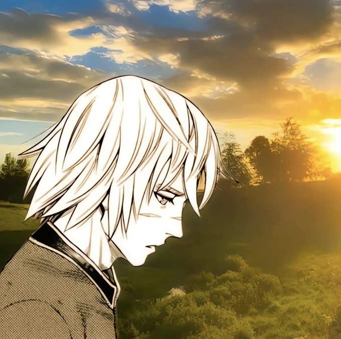 An anime-style illustration of a white-haired character in profile, wearing a dark uniform jacket, set against a warm sunset sky with golden clouds, trees, and green grass in the background.