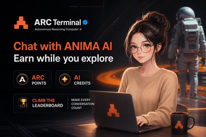 A promotional banner for 'ARC Terminal - Autonomous Reasoning Computer' featuring 'Chat with ANIMA AI, Earn while you explore' with badges for ARC Points, AI Credits, and Climb the Leaderboard, showing an animated woman working on a laptop.