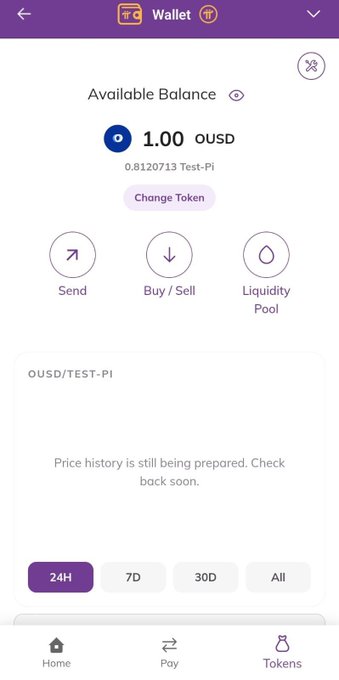 A cryptocurrency wallet interface showing an available balance of 1.00 OUSD (0.8120713 Test-Pi), with options for Send, Buy/Sell, and Liquidity Pool, noting 'Price history is still being prepared.'