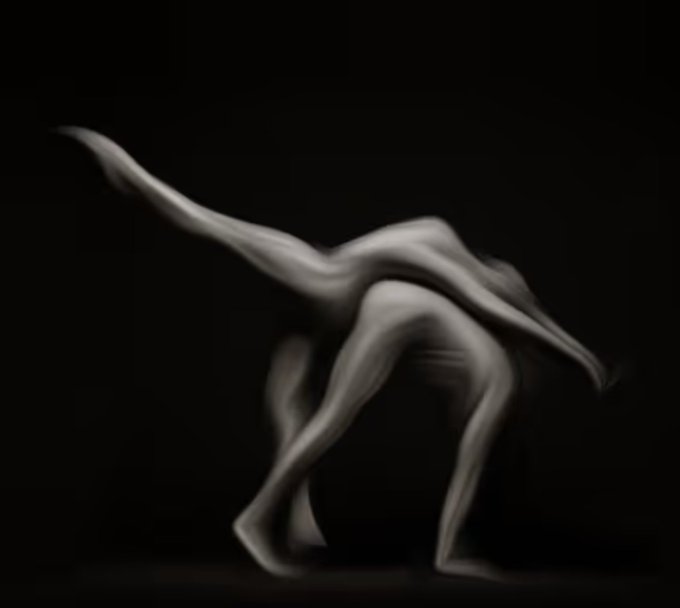 An abstract, blurred image shows a humanoid figure made of flowing, smoke-like forms against a black background, captured in a dynamic, dancing pose.