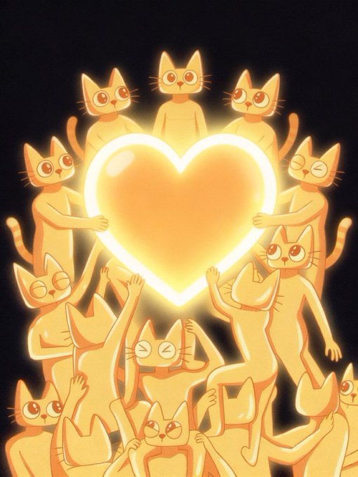 A digital illustration of many yellow cartoon cats gathered together holding up a glowing golden heart.