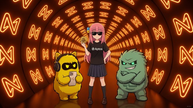 Three cartoon characters—a yellow creature wearing headphones holding a phone, a pink-haired girl in an "Aptos" shirt holding a small object, and a green furry monster with glowing eyes—stand in a tunnel lined with glowing orange "N" symbols, visually representing the cross-chain BTC trading bridge enabled by NEAR Intents settling on the Aptos network.
