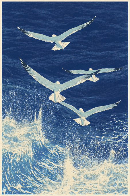 A stylized, vintage-style illustration shows four seagulls flying in formation over deep blue ocean waves with white spray.