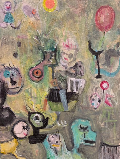 An abstract, colorful painting featuring various whimsical figures, faces, a red balloon, and geometric shapes rendered in a childlike or naive art style with pastel and muted tones.