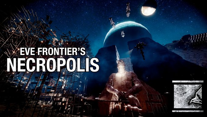 Promotional artwork for "EVE Frontier's Necropolis" showcases a mysterious, ghostly figure seated atop a pyramid-like structure beneath a dark sky filled with stars, a planet, and floating debris, evoking the eerie atmosphere of a hidden in-game base. The accompanying post explains that the player group Rooks and Kings used on-chain data and geometry to uncover this rival faction's secret outpost—a discovery highlighted by the haunting imagery of the Necropolis location.