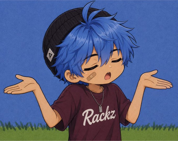 A chibi-style illustration of a blue-haired boy wearing a black beanie and maroon 'Rackz' shirt, shrugging with a band-aid on his cheek against a blue background.