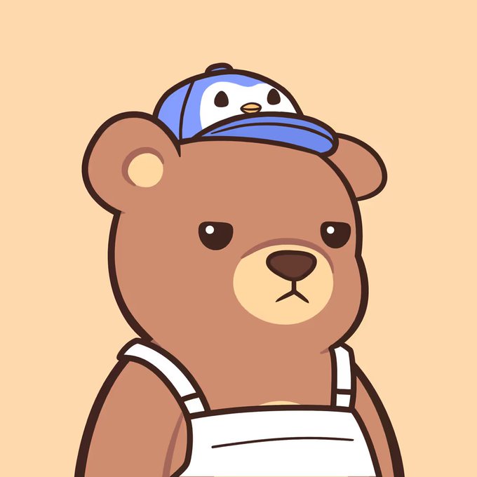 A brown cartoon bear wearing a blue cap with a small penguin on top and white overalls looks slightly unimpressed, perfectly matching the "Bearish" theme of the post featuring the @bearish_af NFT gifted by @HarrietPJones.