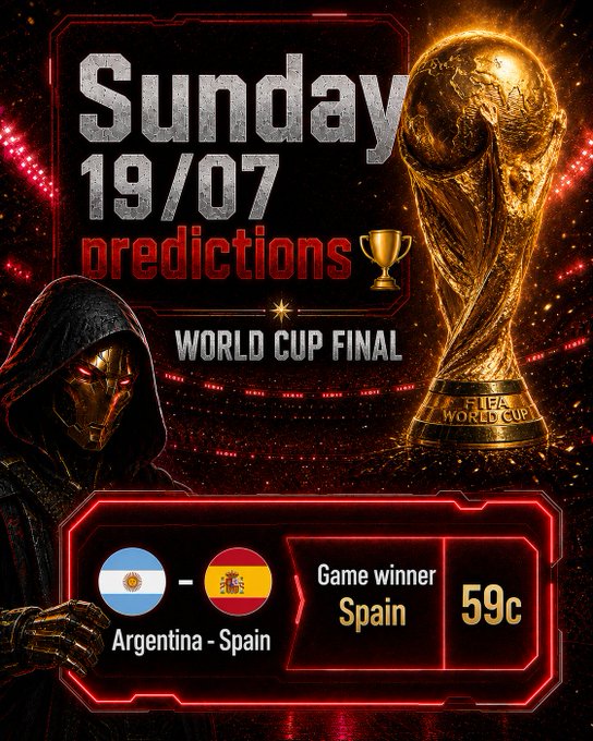 A 'Sunday 19/07 predictions' poster for the World Cup Final between Argentina and Spain, showing Spain as the game winner with a '59c' indicator.