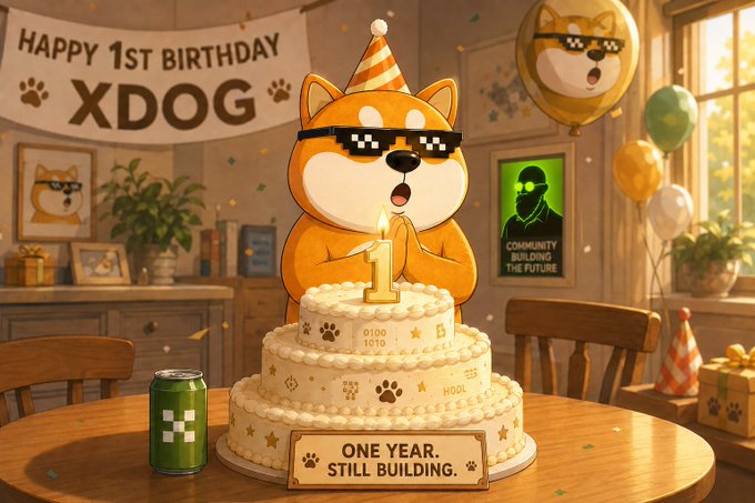 A festive birthday illustration of an orange Shiba Inu dog wearing pixel sunglasses and a party hat behind a cake, with a "HAPPY 1ST BIRTHDAY XDOG" banner and "ONE YEAR. STILL BUILDING." plaque.