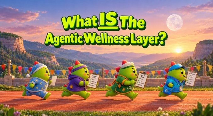 A whimsical graphic displays four green turtle-like characters running on a track with the text "What IS The Agentic Wellness Layer?" overhead against a mountain sunset backdrop.