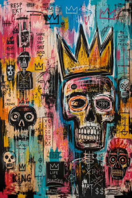 The image features a large painting of a skull with a crown, surrounded by other skulls and various symbols or drawings. The painting has a blue background that contrasts with the colorful elements within it. The caption provided after the image reads "Crown of the Damned King @objktcom 1/1 #AiArt | #TezosTuesday | #NFT". This suggests that the artwork is related to a specific event or concept, possibly involving royalty and power dynamics.