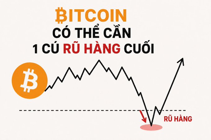 A Vietnamese-language cryptocurrency graphic titled "BITCOIN CÓ THỂ CẦN 1 CÚ RỦ HÀNG CUỐI" (Bitcoin may need one final flush), showing a Bitcoin price chart with an arrow pointing to a low area labeled "RỦ HÀNG" (shake-out).