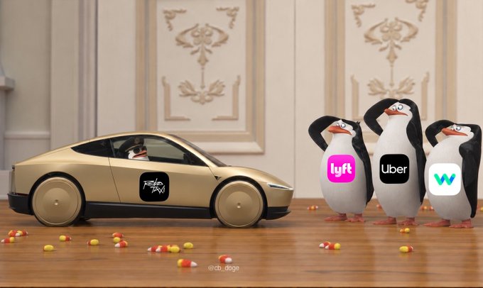 A gold Tesla robotaxi faces off against three penguins branded with Lyft, Uber, and Waymo logos, who are saluting in unison as colorful candies litter the floor—humorously depicting the established ride-hailing giants paying respect to Tesla's latest competitor.