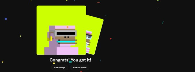 A digital achievement/congratulations screen with pixel-art style avatars on a green card background, displaying the text 'Congrats! You got it!' with buttons to 'View receipt' and 'View on Profile.'