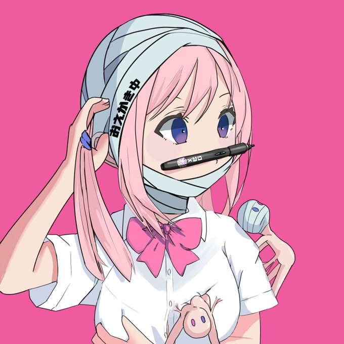 An anime-style illustration of a pink-haired girl wearing a white headband with Japanese text, holding a pen in her mouth and displaying two small pink creatures.