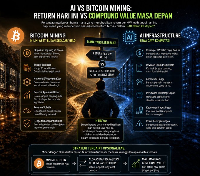 The image is an infographic comparing Bitcoin Mining and AI Infrastructure, titled "AI vs Bitcoin Mining: Return Hari Ini vs Compound Value Masa Depan," highlighting factors such as return per MW, supply limits, revenue volatility, and strategic allocation. It features a central figure looking toward a Bitcoin–AI crossover, with key text like "Mana Yang Lebih Baik?" and "Maksimalkan Compound Value" emphasizing long-term value over short-term yield. This aligns with the post's argument that higher AI returns per MW don't automatically make it superior, as Bitcoin's compounding value proposition deserves equal consideration.
