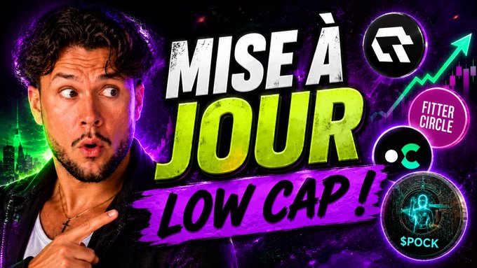 A man with a surprised expression points toward bold text reading "MISE À JOUR LOW CAP!" alongside crypto logos for Fitter Circle and $POCK, with a green upward chart arrow, promoting a YouTube video about low-cap crypto projects featuring a $100 giveaway.
