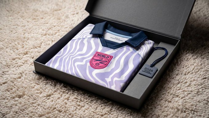 A folded purple and white wavy-patterned soccer jersey with a 'WORLD' patch sits in a black box on a carpet, accompanied by a '2026 OFFICIAL' tag.