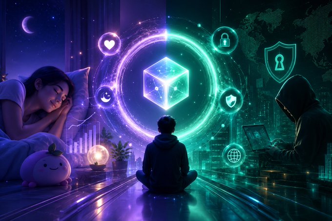 A digital artwork depicts a child sitting before a glowing neon portal with a cube at its center, flanked by a sleeping girl on the left and a hooded hacker on the right, surrounded by floating icons of hearts, locks, shields, and a globe.