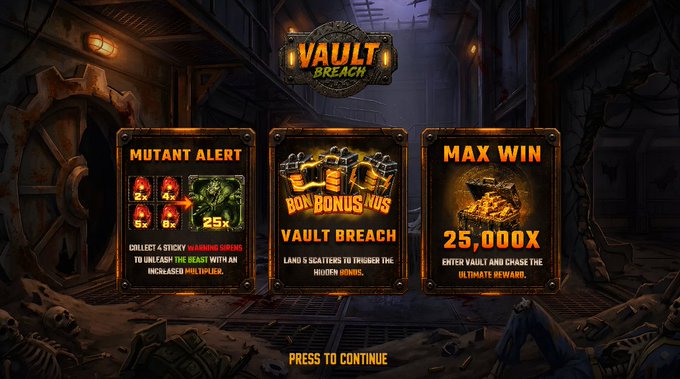 A promotional graphic for the "Vault Breach" slot game by One More Studios, featuring three highlighted features: a "Mutant Alert" with multipliers up to 25x triggered by flaming symbols, "Bonus Vault Breach" activated by landing 3 scatter symbols with giant fists and bonus text, and a "Max Win" of 25,000x, all set against a dark industrial vault-themed backdrop with a large vault door and machinery. The "PRESS TO CONTINUE" prompt at the bottom aligns with the post's call to action to repost and reply with a Stake ID for feature spins and bonuses.