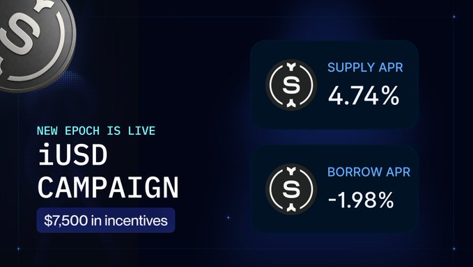 A promotional banner for the iUSD campaign on Initia, highlighting that "New Epoch is Live" with "$7,500 in incentives," alongside a Supply APR of 4.74% and a negative Borrow APR of -1.98%, indicating users are rewarded for borrowing.