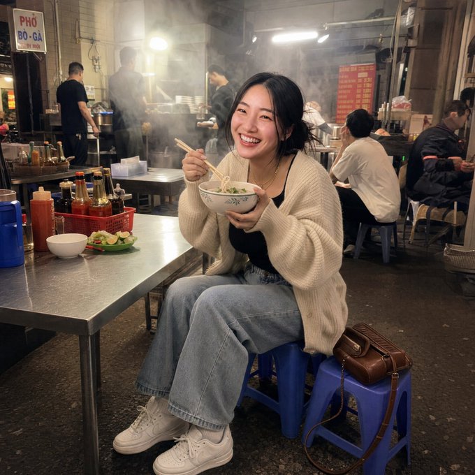 The image shows a woman sitting at a dining table with chopsticks in her hand, eating noodles from a bowl. She is wearing a white sweater and blue jeans. The scene takes place in an indoor setting where several people are present around her. There are two chairs visible near the table she's seated at. A handbag can be seen placed on the floor next to one of the chairs.

The image also contains text that reads "I sold my BTC @19,800 to feel disciplined, then bought the same stack back at @23,400 two days later before CPI, calling it DCA @RallyOnChain". This suggests that the woman might have been involved in an online cryptocurrency trading activity.