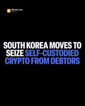 A Bitcoin.com graphic displays the bold headline "SOUTH KOREA MOVES TO SEIZE SELF-CUSTODIED CRYPTO FROM DEBTORS," visually highlighting South Korea's new legal proposal aimed at enabling authorities to freeze and seize cryptocurrency held in self-custody wallets to satisfy debtor obligations.
