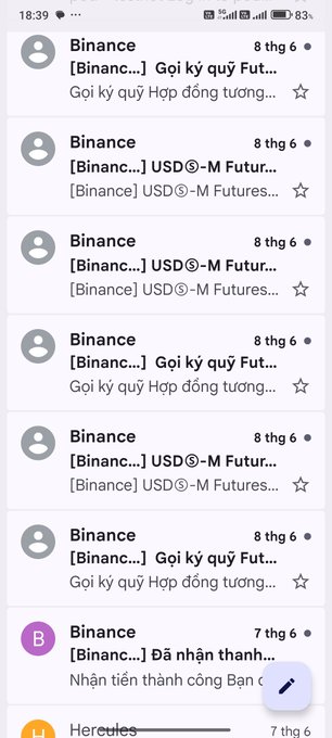 A screenshot of a phone's notification panel showing multiple Binance notifications from 8 days ago, including alerts about USDⓈ-M Futures, margin contracts, and a deposit confirmation, relating to the caption's reflection on quitting Futures trading.