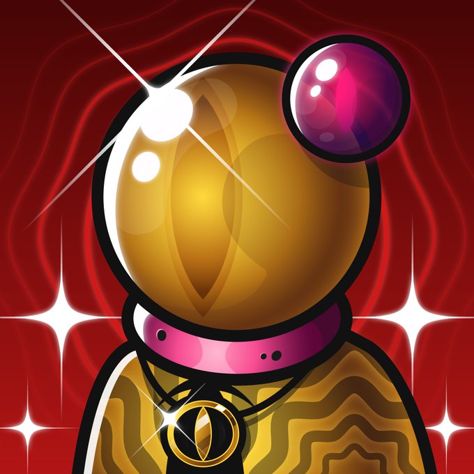 A stylized illustration depicts a figure with a glowing golden orb for a head, wearing a magenta collar with a pendant, set against a deep red background with sparkles. A smaller pink/purple orb floats near the head, possibly representing the "VOV" (Voice/Voice of the Void or similar fandom term) referenced in the post.