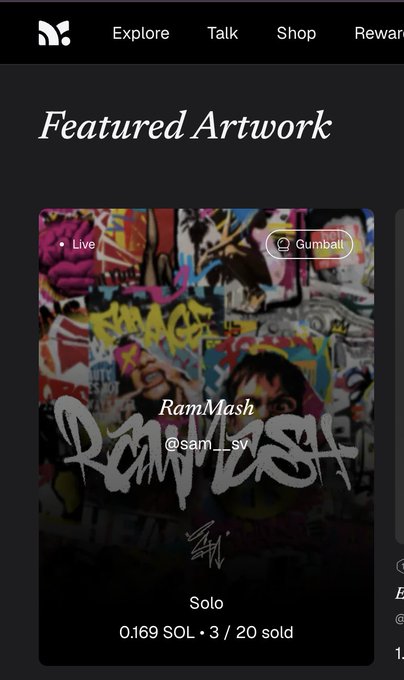 A mobile app screen showing 'Featured Artwork' titled 'RamMash' by @sam__sv, displaying graffiti-style artwork with pricing of 0.169 SOL.