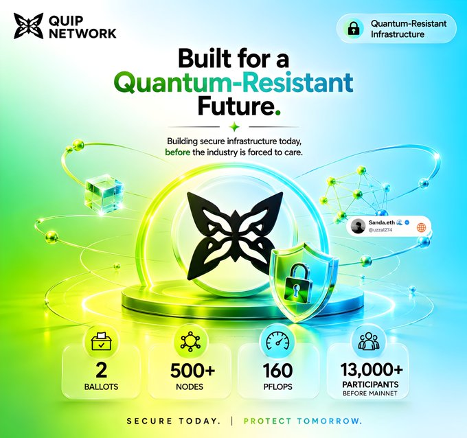 The image features a poster for Quip Network, which promotes Quantum-Resistant Infrastructure (QRII). The poster includes a butterfly design with a shield behind it, symbolizing security and protection against potential threats. The text on the poster highlights the importance of building secure infrastructure in today's world, as opposed to focusing solely on short-term gains or ignoring long-term risks. It also mentions that Quip Network is working on projects related to Quantum-Resistant Infrastructure (QRII) and has already secured over two hundred ballots for this project. The poster emphasizes the need for a secure future in technology and infrastructure, encouraging people to prioritize security measures from the beginning of their projects.