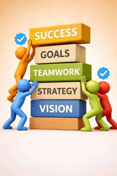 The image shows colorful 3D figures collaboratively stacking blocks labeled "SUCCESS," "GOALS," "TEAMWORK," "STRATEGY," and "VISION," with blue checkmark badges indicating verified milestones. It visually reinforces the post's call for verification and engagement by symbolizing the building blocks of achievement being completed and "checked off."