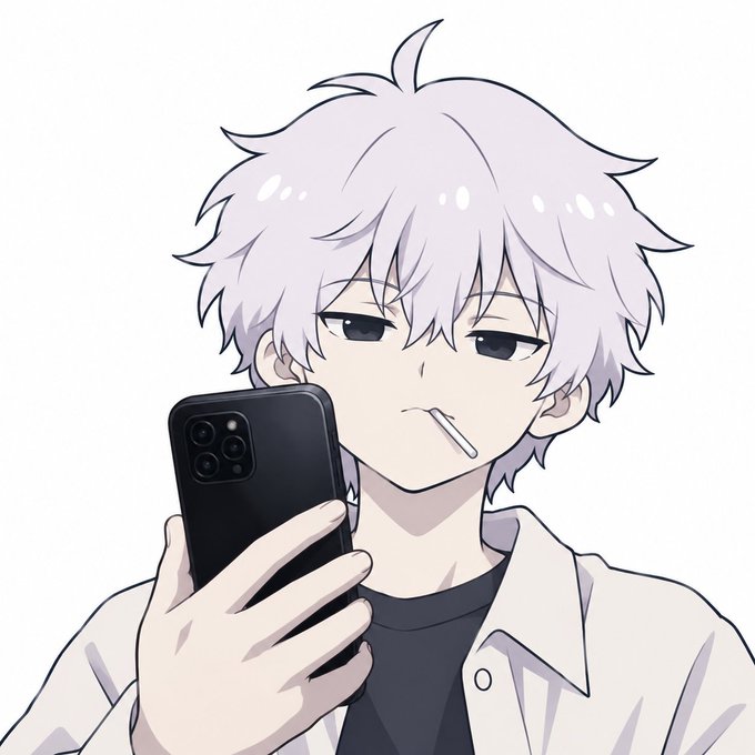 Anime-style illustration of a young man with messy light purple hair holding a black smartphone, with a lollipop stick in his mouth and a bored expression.