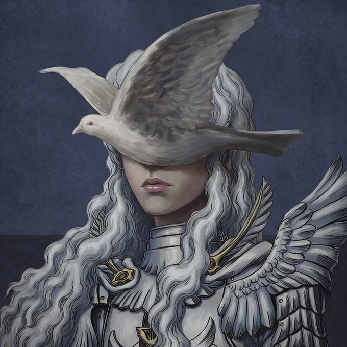 A fantasy portrait of a warrior with flowing silver hair wearing ornate armor, a dove in flight obscuring the upper half of their face against a deep blue background.