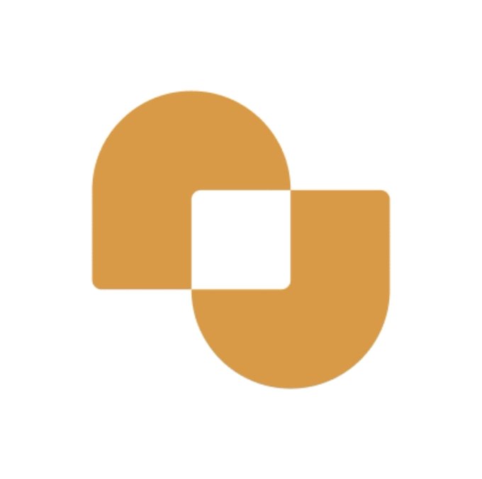 An orange logo consisting of two overlapping rounded shapes with a white square in the center.