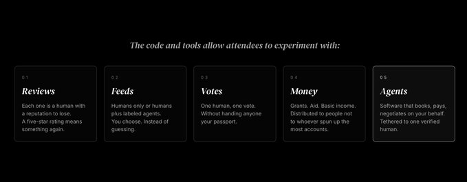 A slide titled 'The code and tools allow attendees to experiment with:' lists five categories: 01 Reviews, 02 Feeds, 03 Votes, 04 Money, and 05 Agents, each with explanatory text.