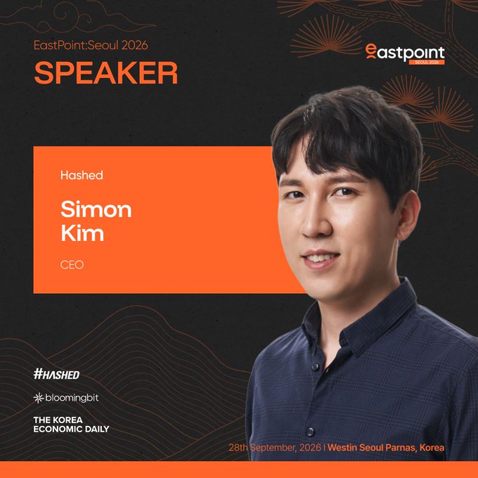 A speaker announcement graphic for "EastPoint: Seoul 2026" featuring Simon Kim, CEO of Hashed, with the event scheduled for 28th September 2026 at Westin Seoul Parnas, Korea. The image aligns with the post's enthusiasm about "crypto in seoul" by promoting Hashed's CEO as a featured guest at this upcoming Seoul-based crypto/blockchain conference.
