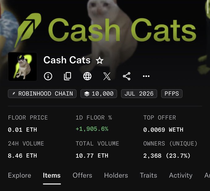 The image shows the OpenSea listing page for the "Cash Cats" NFT collection on Robinhood Chain, displaying stats like a floor price of 0.01 ETH, 24h volume of 8.46 ETH, and 2,368 unique owners, while the caption reflects on selling early at 0.05 ETH and missing the collection's later price appreciation.