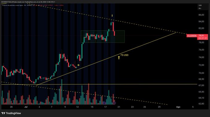 A TradingView candlestick chart of USOIL (WTI crude oil) showing prices declining from the $84 resistance level of a bearish channel toward a key support at $75 USD, with the current price displayed at 79.41, visually confirming the post's analysis of oil hitting channel resistance and expected to drop toward the $75 target before further bearish movement.