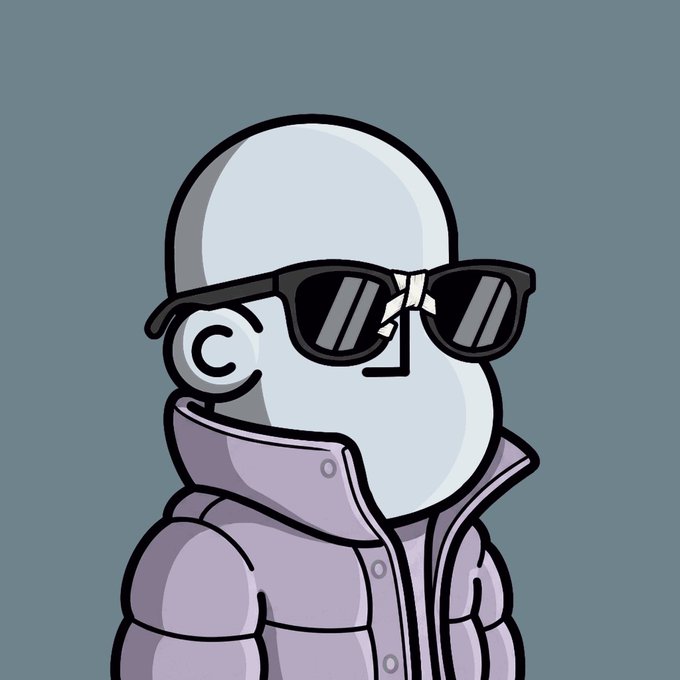 A cartoon-style bald character wearing black nerd glasses with a crack and a purple puffer jacket against a gray background, illustrating the "Homework nerd glasses" aesthetic mentioned in the post. The image captures the cool, intellectual "NPC" vibe through the minimalist character design and signature eyewear.