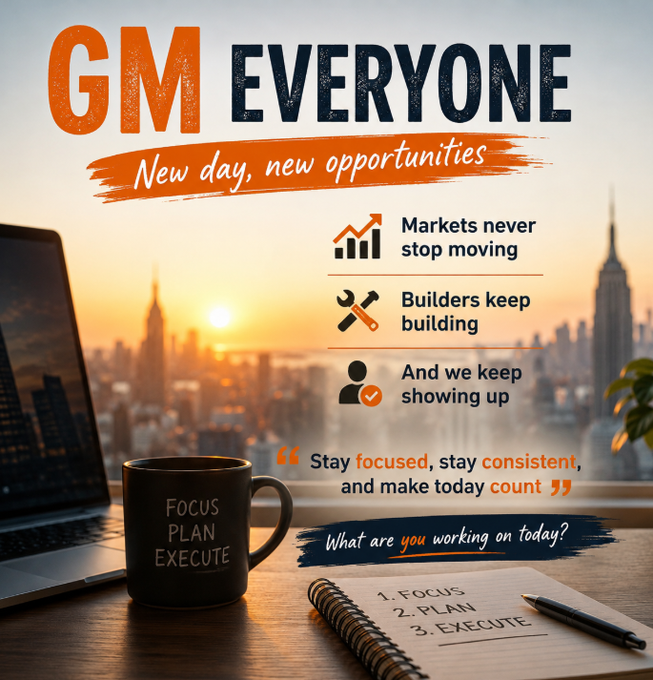 A sunrise over a city skyline frames a motivational "GM EVERYONE - New day, new opportunities" graphic, featuring a coffee mug labeled "Focus Plan Execute" and a notebook listing those same three steps, visually reinforcing the post's message of daily consistency and goal-oriented work.