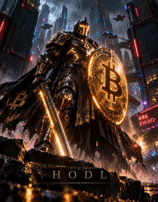 A dark fantasy digital artwork of an armored knight wielding a glowing Bitcoin-themed sword and shield in a neon-lit cyberpunk cityscape, with the word 'HODL' displayed at the bottom and Japanese text '未来はビットコイン' (The future is Bitcoin) on a sign to the right.